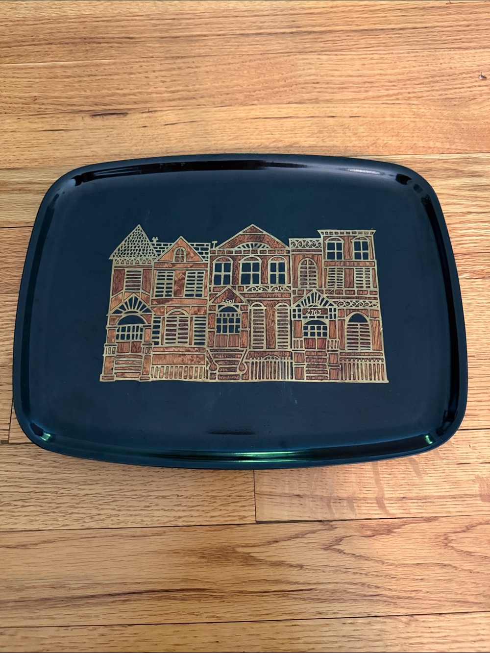 Vintage 60’s MCM Couroc Wood & Brass Inlay Tray w/ Row Houses